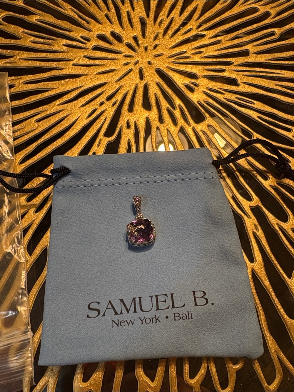Samuel B. Purple Amethyst Pendant on Blue Pouch